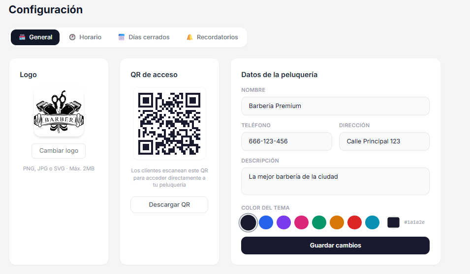 Configuración general: logo, QR de acceso, datos y color de marca