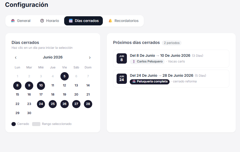 Configuración de días cerrados y vacaciones por barbero