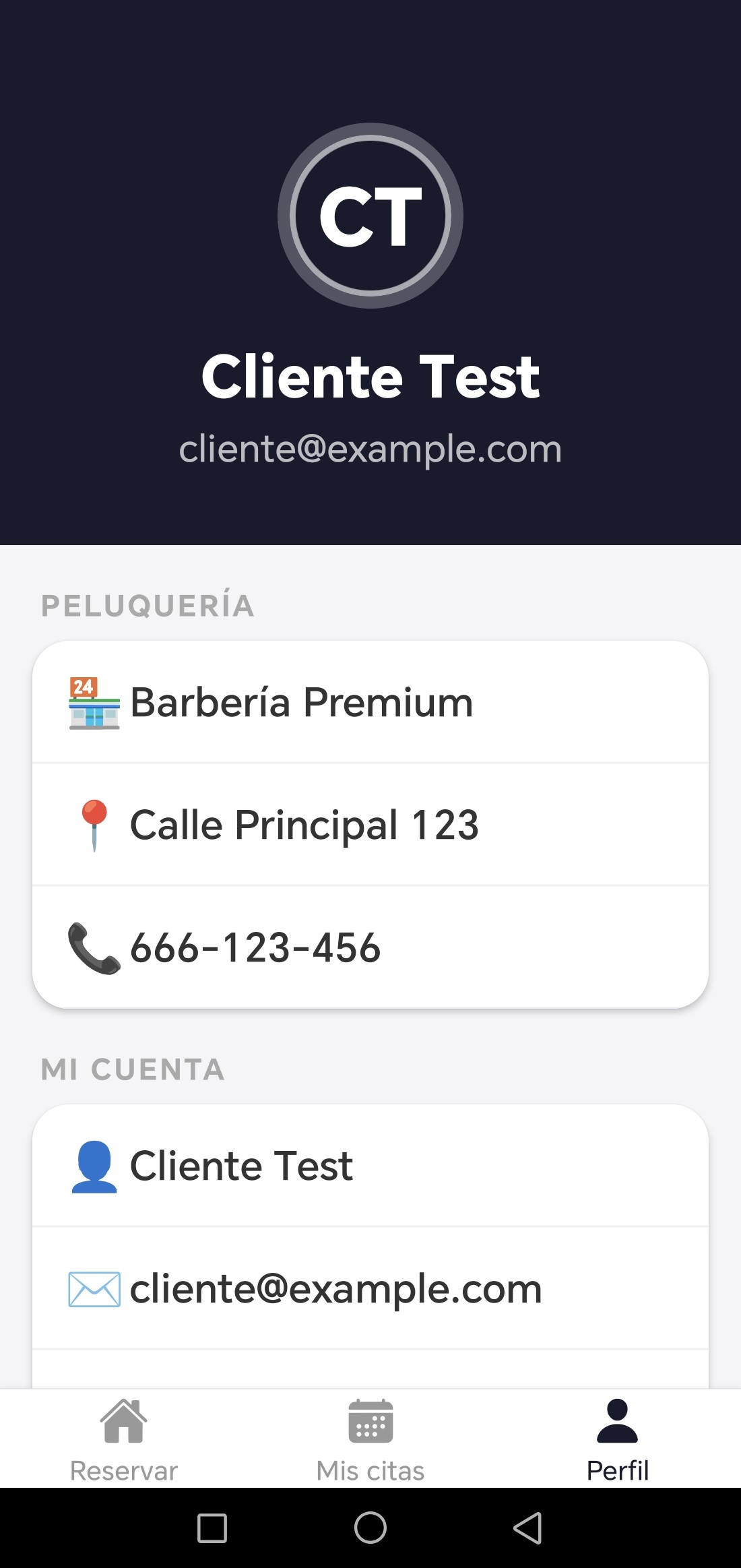 Perfil del cliente con datos de la peluquería