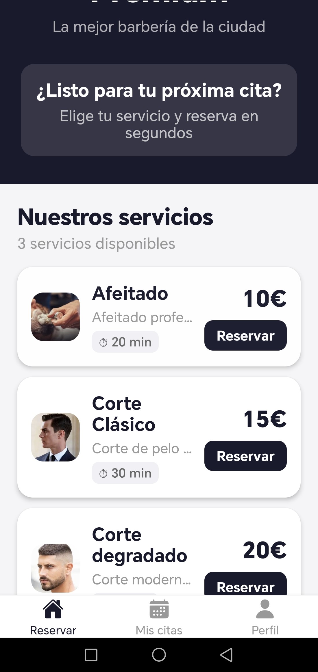 Catálogo de servicios en la app móvil
