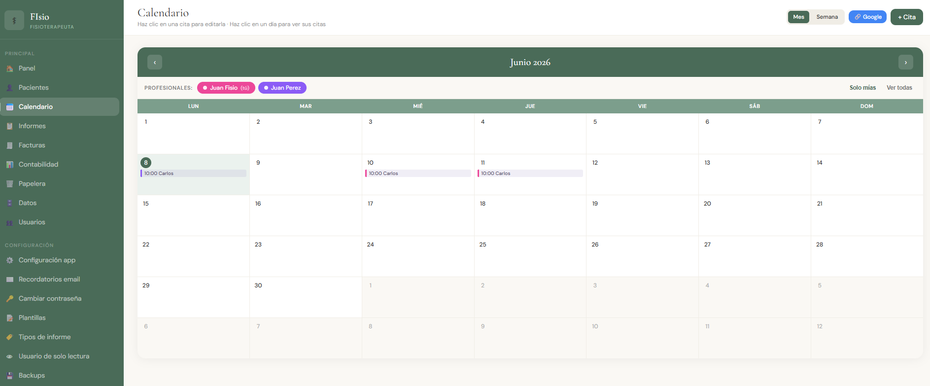 Calendario de citas mes y semana