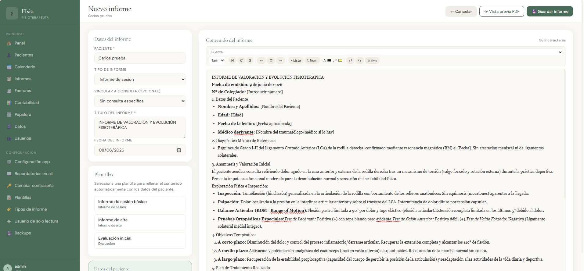 Editor de informes con plantillas y variables
